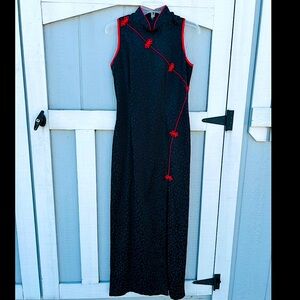 Vintage 90s Y2K Asian Inspired Black and Red Floral Embroidered Dress